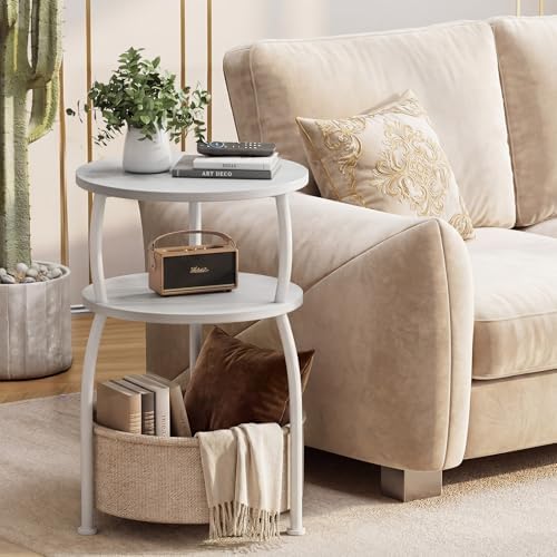 Round Side Table with Storage Basket, End Table Living Room, 15.7in - Image 2