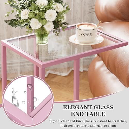 C Shaped End Table Set of 2, Small Side Couch Sofa Tables for Living Room,Glass Tv Tray Snack Dinner Table with Metal Frame, Easy Assembly (Pink) - Image 5