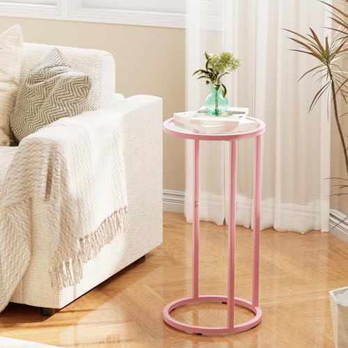 Easy Paws C Table Side End Table, Small Round Couch Sofa Tray Snack Table for Living Room, Bedroom,Accent Coffee Table,TV Tray Table for Small Space, Nightstand with Metal Frame(Pink) - Image 2