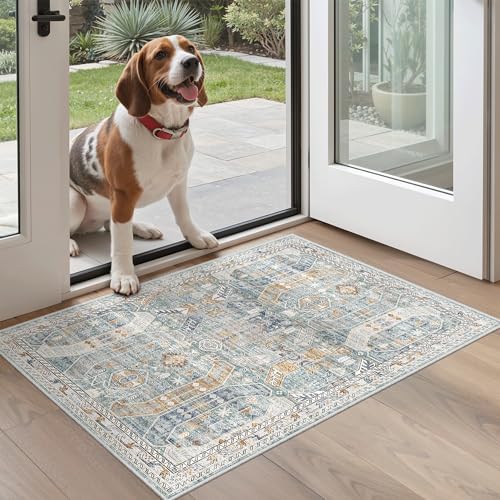 Madane Washable Area Rug 2x3 Small Entryway Rugs Non-Slip, Blue/Gold by Madane