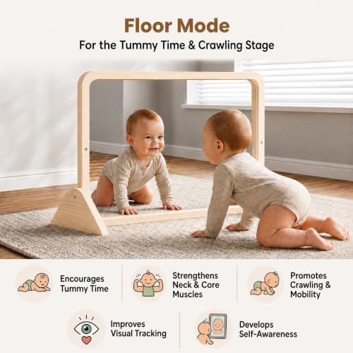 Woodtoe 3-in-1 Montessori Mirror with Bar, Adjustable Tummy Time Mirror 6M+ - Image 6