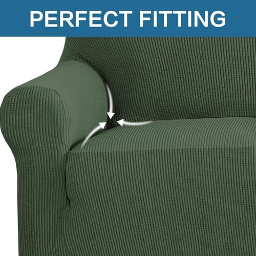 H.VERSAILTEX Stretch Couch Covers for Sofa 1 Piece Slipcovers for Couches 3 Seater Couch Cover Feature Thick Checked Jacquard Fabric with Elastic Bottom(Large Sofa 90"-100" Wide, Bronze Green) - Image 5