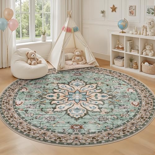 Round Area Rug for Living Room: 4ft Boho Washable Rug Brown Green - Image 5