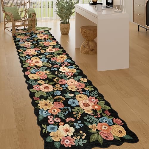 DUKINO 2.6x10 Runner Rug for Hallway, Floral Washable Rug Non Slip, Black by DUKINO