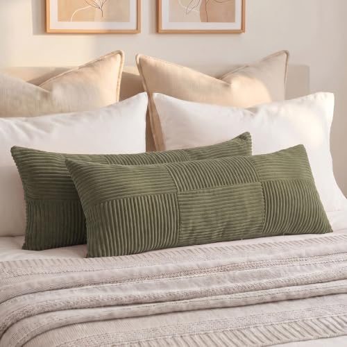 Fancy Homi Set of 2 Olive Green Boho Long Lumbar Body Decorative Throw Pillow Cover 14x36 Inch for Bed Couch Bedroom Bench, Soft Patchwork Corduroy Textured Pillow Case, Rustic Farmhouse Room Décor by Fancy+Homi