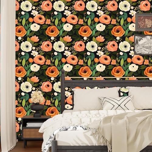 Danodoi Orange Green Vintage Floral Peel and Stick Wallpaper 17.5" x 393" | Waterproof Vinyl Self Adhesive Removable Renter Friendly Floral Contact Paper - Image 4