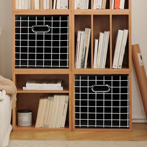 Yunkeeeper storage bins Cubes, Fabric Cube Organizer with Handle, Foldable Cube Bins for Cloth or Accessary Storage, 11x11x11, Set of 3,(Black grid) - Image 4