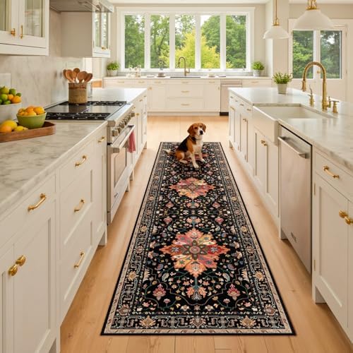 RELEANY Washable Area Rug, Runner 2'6"x8', Black/Colorful by RELEANY