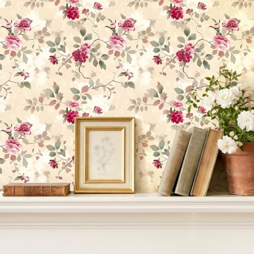 CRE8TIVE Non‑Woven Beige Floral Peel and Stick Wallpaper Vintage 12"x354" | Magenta Pink Peony Floral Wallpaper for Bedroom Living Room, Adhesive Floral Contact Paper for Walls Countertops Waterproof - Image 2