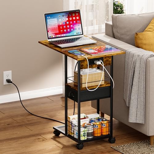 Rolling C-Shaped Side Table with Charging Station, Night Stand with Type-C & USB Port and Outlet for Bedroom, Spacious Coffee Table with Wheels for Living Room, Home Office, Small Space(Large Desktop) - Image 7