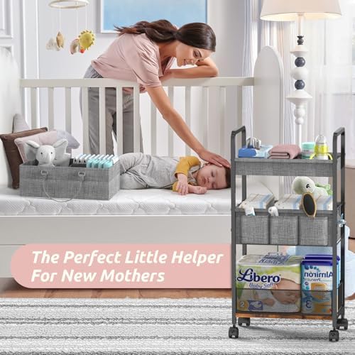 LIDTOP 2In1 Baby Diaper Caddy & 3-Tier Rolling Diaper Cart, Diaper Caddy Organizer Cart with Dividers, Mobile Metal Utility Cart for Nursery Essentials, Detachable Bedside Cart, Large Capacity - Image 4