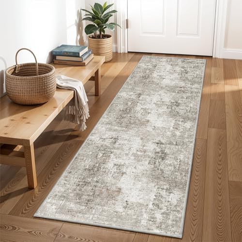 2x8 Washable Non-Slip Hallway Runner Rug – Modern Abstract Soft Carpet for Kitchen, Bedroom with Rubber Backing – Low-Pile Thin Stain-Resistant Rug for Bathroom,Laundry Room,Entryway（Beige Grey） by ZHXXUJ