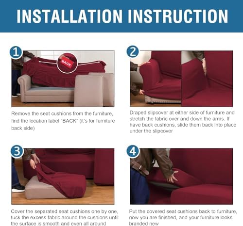 H.VERSAILTEX 4 Piece Stretch Sofa Covers for 3 Cushion Couch Covers for Living Room Furniture Slipcovers (Base Cover Plus 3 Seat Cushion Covers) Thicker Jacquard Fabric (Large Sofa, Burgundy) - Image 6