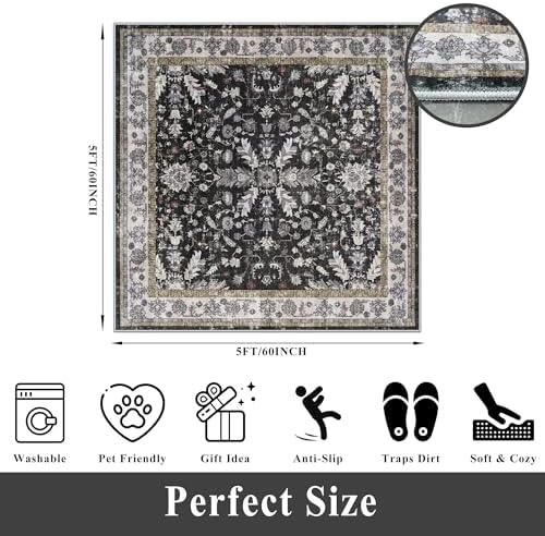Square Rugs 5x5 Washable for Entryway: Non Slip Indoor Foot Carpet for Living Room, Boho Soft Black 5'x5' Low Pile Neutral Area Rug for Kitchen Dining Room Bathroom (Black, 5x5) - Image 2