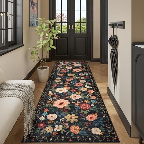 DUKINO 3x10 Runner Rug, Floral Washable Kitchen Runner Rug Non Slip, Black - Image 5