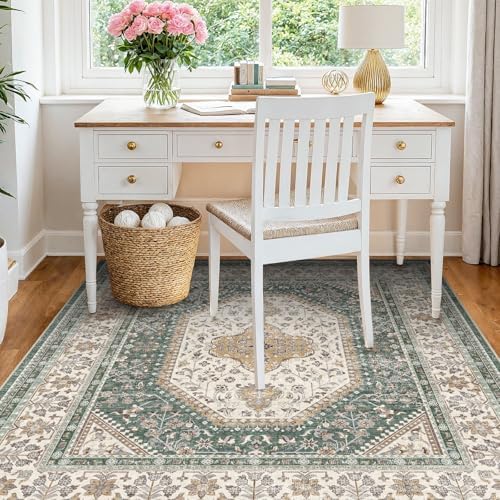 Puino 5x5 Square Washable Area Rug - Non-Slip Living Room Rugs Green Beige - Image 2