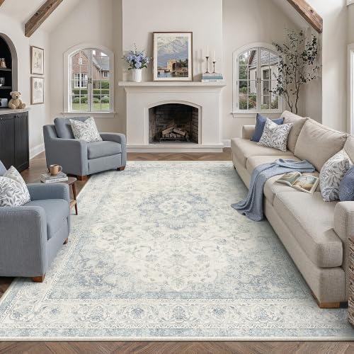 6x9 Blue Washable Area Rug Non Slip Vintage Carpet - Image 3