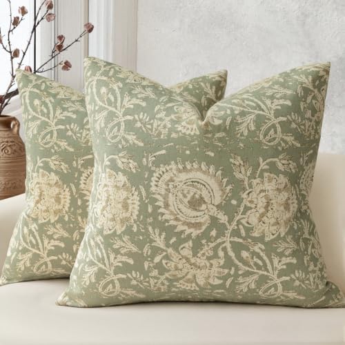 Vintage Floral Print Throw Pillow Covers 20x20 Set of 2 Neutral Modern Farmhouse Pillow Cases Accent Decorative Cushion Covers Boho Home Decor for Couch Sofa Chair Bed Living Room, Sage by DKwizme