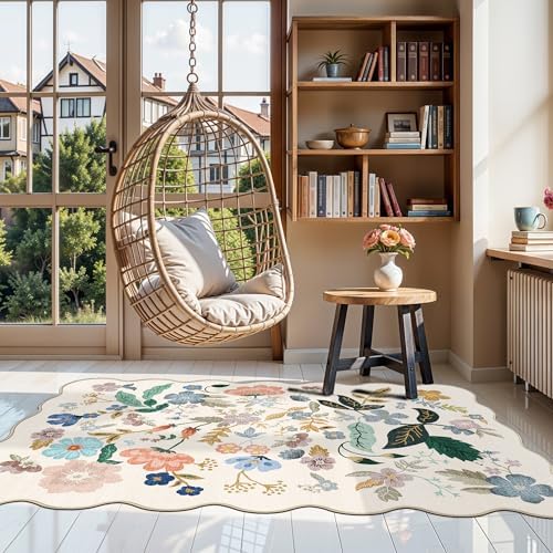 Washable 3x5 Entryway Area Rugs: Ultra Soft Floral Carpet for Kitchen Nursery Indoor Light-Weight Doormat Anti-Slip Elegance Rug for Living Room Bedroom Small Foldable Vintage Floor Mat(3x5,Cream) - Image 2