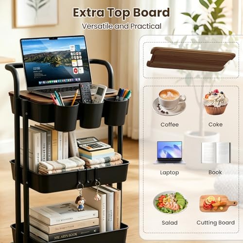 3 Tier Rolling Cart - Utility Cart with Table Top, Storage Organizer - Image 2