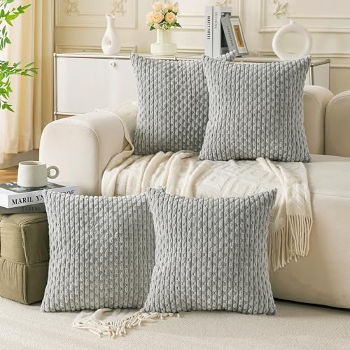Set of 4 Grey Decorative Throw Pillow Covers 16x16 Inch Corduroy Pillow Covers for Bed Couch Sofa Living Room Soft Square Cushion Cases by Cozoomy