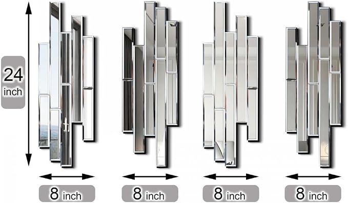 Artisan Set of 4 Silver Beveled Wall Decor Mirrors - 24x8 Inch Each, Creative Combination Design for Modern & Farmhouse Home Decor, Shatter-Resistant Glass with Wood Backing - Image 6
