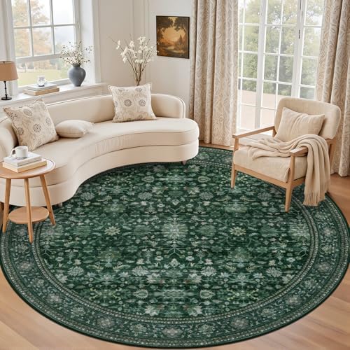 Round Area Rug for Living Room: 6ft Boho Washable Rug Deep Green by EXPEDIX