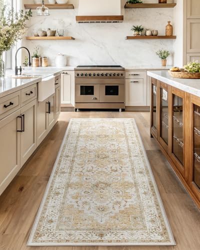 AMADA HOMEFURNISHING 2'6"x8' Washable Area Rug, Low-Profile Entryway Rug with Non-Slip Backing & Durable Edge Binding, Vintage Rug Pattern, Small Rugs for Entryway, Kitchen & Living Room by AMADAHOMEFURNISHING