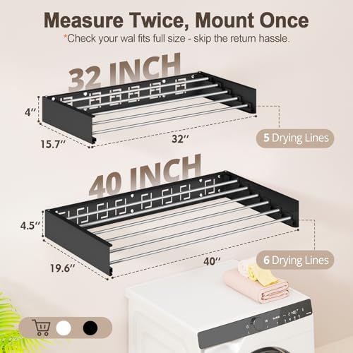 Wall Mounted Clothes Drying Rack Folding Indoor, Foldable Laundry Drying Rack Collapsible,Invisible, Space Saving, Retractable Towel Drying Rack, with Wall Template(5 Drying Rods, Black 32") - Image 3