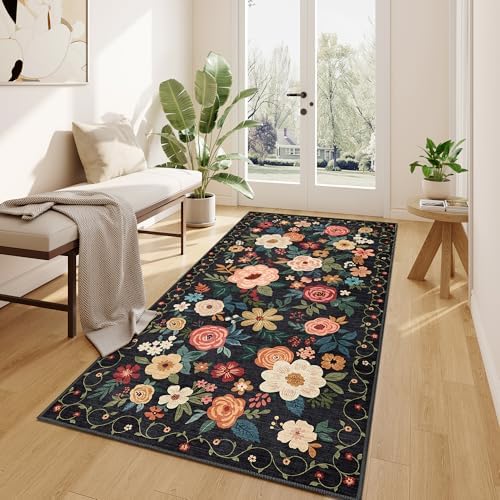 DUKINO 3x6 Runner Rug, Non Slip Floral Washable Rug for Kitchen, Black - Image 6