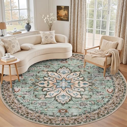 Round Area Rug for Living Room: 4ft Boho Washable Rug Brown Green by EXPEDIX