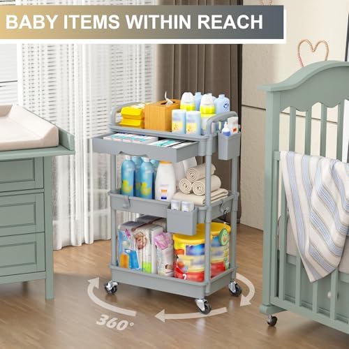 Goovilla 3 Tier Rolling Utility Cart Organizer with Removable Drawer, Grey - Image 6