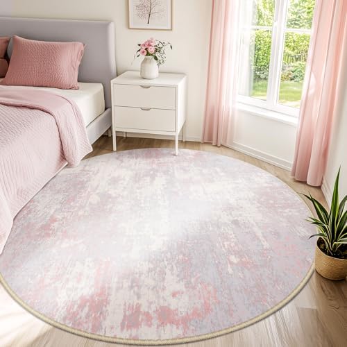 RELEANY Washable Round 8ft Area Rug for Living Room Gray Pink by RELEANY