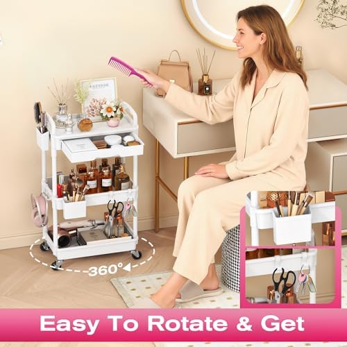 Goovilla Rolling Makeup Organizer Cart with Removable Drawer, 3 Tier White - Image 5