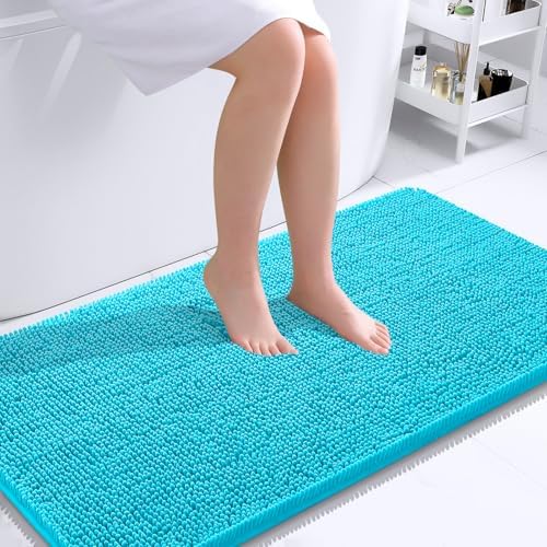 OLANLY Bathroom Runner Rugs 44x24, Soft Absorbent Chenille Bath Rugs, Rubber Backing Quick Dry, Machine Washable Long Bath Mats for Bathroom Floor, Tub and Shower, Home Decor Accessories, Aqua Sky by OLANLY