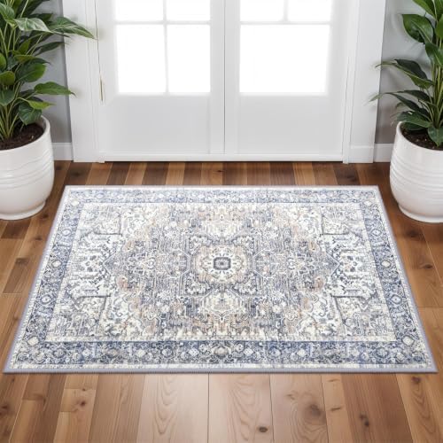 Hanples 2x3 Washable Rugs for Entryway, Vintage Floral Door Mat, Blue - Image 6