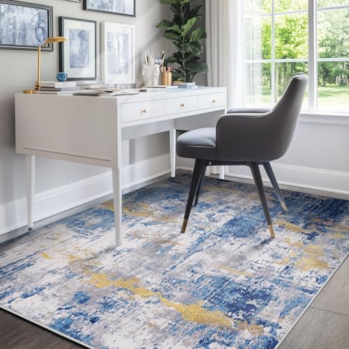 RELEANY Washable 4'x6' Abstract Area Rug for Living Room Blue Gold by RELEANY