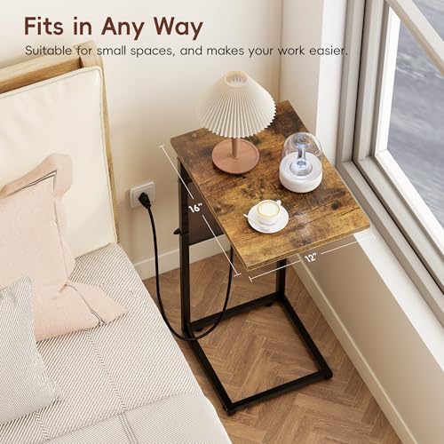 Vagusicc C Shaped End Table with Charging Station, Adjustable Height Side Table for Couch, Small Sofa Table with Storage Bag, Slide Under Sofa TV Tray Snack Arm Tables for Living Room, Bedroom, Brown - Image 5