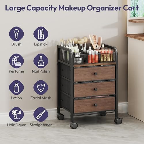 SWTYMIKI Rolling Makeup Organizer Cart - 14.96″*11.81″*23.03″ Widened Under Desk Vanity Storage with 3 Non-woven Drawers, Cosmetic Display Cases for Skin Care Perfume Nail Polish Brush Hair Tool Black - Image 4