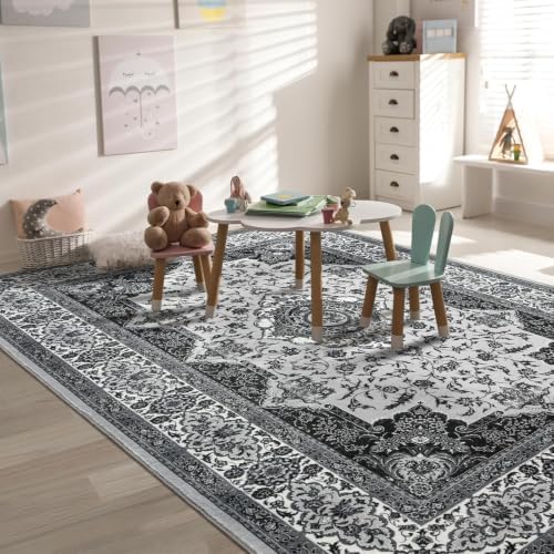 Hanples 4x6 Area Rugs for Living Room, Washable Rug Vintage Floral, Gray by Hanples