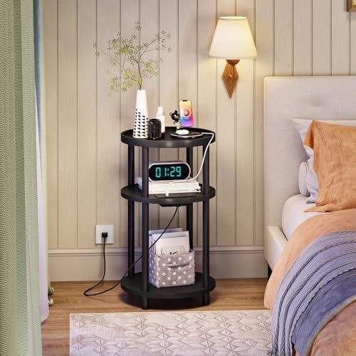 HOOBRO Small Round Side Table with Charging Station, 3-Tier Round Bamboo End Table, Compact Sofa Bedside Table for Small Space, Easy Assembly, for Living Room, Bedroom, Apartment, Black BB152UBZ01 - Image 6