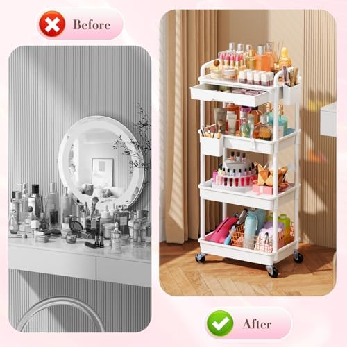 SUNALLY Makeup Cart Organizer with Drawer,4 Tier Rolling Makeup Cart, White - Image 4