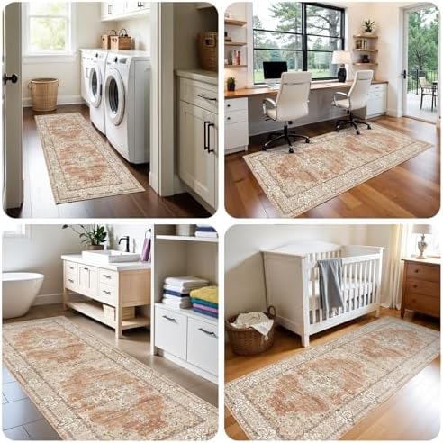 3x20 Washable Hallway Runner Rug - Non-Slip Vintage Rugs Terracotta Beige - Image 5