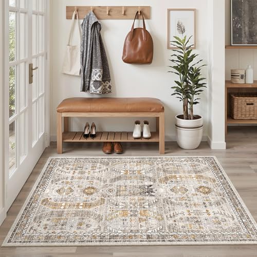 Madane Area Rug 3x5, Washable Vintage Entry Rugs for Bedroom, Brown/Gold - Image 3