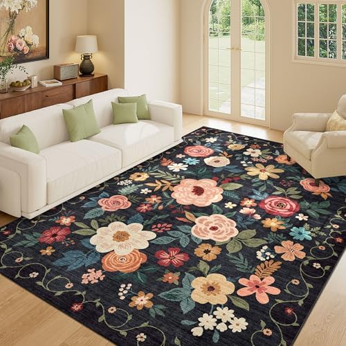 DUKINO 5x7 Area Rugs, Floral Washable Rug for Living Room Non Slip, Black - Image 3