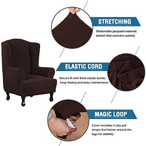H.VERSAILTEX Wing Chair Slipcover Chair Covers for Wingback Chairs Wingback Chair Covers Slipcovers 1 Piece Stretch Sofa Cover Furniture Protector Soft Spandex Jacquard Checked Pattern, Chocolate - Image 3