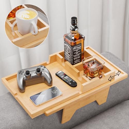 Bestjing 2 in 1 Bamboo Couch Cup Holder Tray with Double Holder Tray by Bestjing