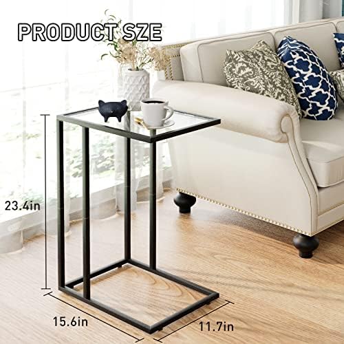 C Shaped End Table,Small Sofa Couch Side Table, Tempered Glass Snack TV Tray Table with Metal Frame for Small Space,Living Room, Bedroom, Bedside,Modern Style, Black, - Image 3
