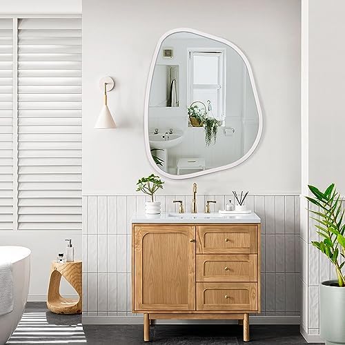 White Irregular Oval Wall Mirror Large 26"x18" Inches Asymmetrical Mirror Modern Wood Frame Unique Shape Wall Mounted Vanity Artistic Mirror Decor for Living Room Bedroom Bathroom Entryway - Image 6