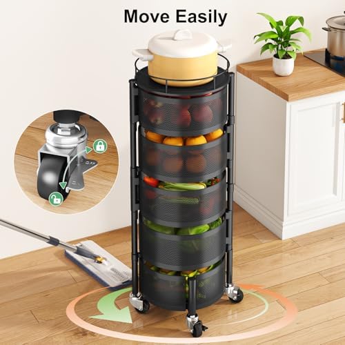 SAYZH 5 Tier Fruit Vegetable Basket Stand for Kitchen, Rotating, Black - Image 5